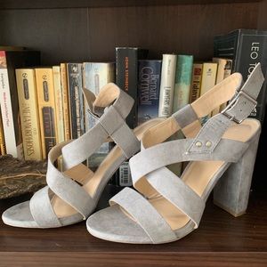 NWOT Strappy Faux Suede Light Grey Block Heels